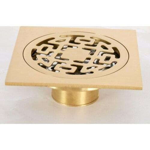 Gold Color Brass Carved Flower Pattern Bathroom Shower Drain 4" Square Floor Drain Waste Grates Bathroom Accessory mhr050