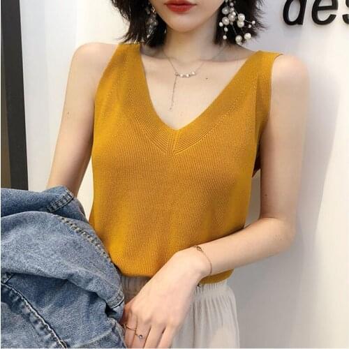 2021 Summer Womens Tank Top Knitted Breathable Vest Sexy V-neck Strap Sleeveless Loose Femme y2k Tops Solid Color Halter