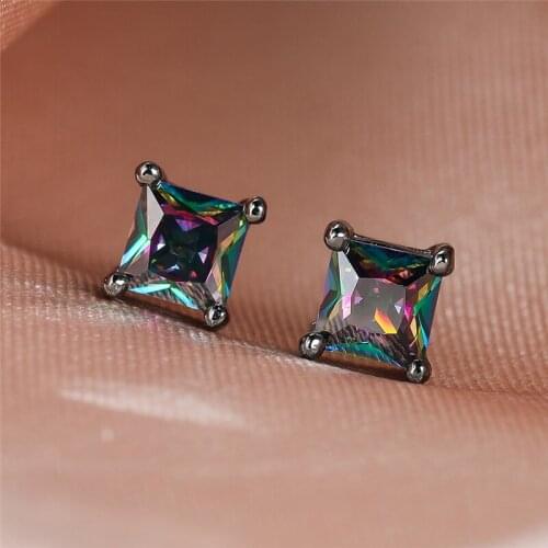 Mystic Rainbow CZ Stone Square Cut Zircon Black Gold Stud Earrings For Women Wedding Jewelry Fashion Multicolor Crystal Earrings