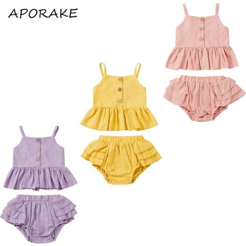 2021 0-5Y Summer Kids Baby Girl Clothing 3 Colors Solid Button Sleeveless Top Vest+Layered e Shorts 2pcs Outfits Set