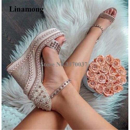 Fashion Open Toe One Strap High Platform Rivet Wedge Sandals Ankle Strap Height Increased Wedge Heel Sandals Super High Heels