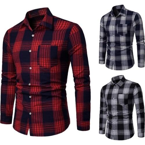 Mens Plaid Shirt Long Sleeve Turn Down Collar Cardigan Shirt With Pocket Casual Single-Breasted Slim Type Tops