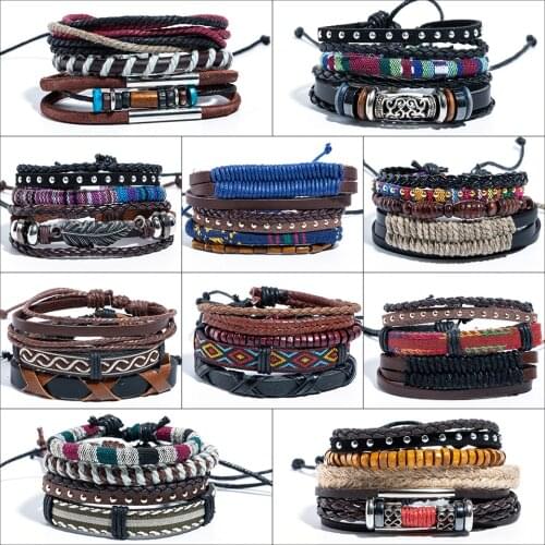 Fashion Punk Genuine Rope Wrap Leather Bracelets Set Men For Women Charm Wood Beads Bracelets&Bangles Cuff Jewelry Accessories