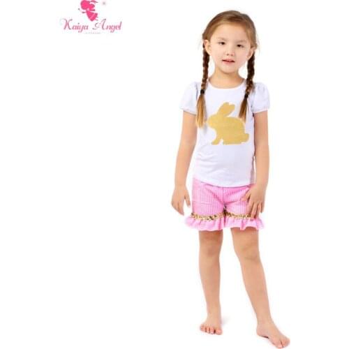 Kaiya Angel Wholesale Kids White Cotton Puff Sleeve Top Pink Plaid Bubble Cloth Shorts Toddler Children Girl Clothing Set