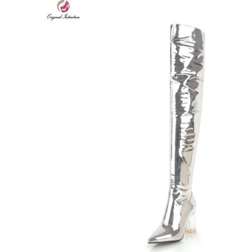 Original Intention New Sexy Women Over-the-Knee Boots Round Heels Boots Black White Red Silver Shoes Woman Plus US Size 3-10.5