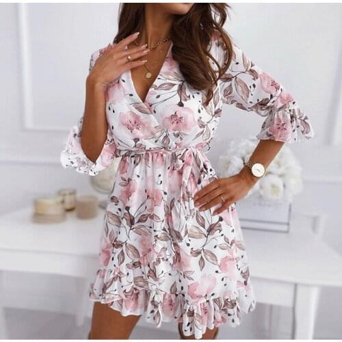 Summer Dress Women Robe Femme Flower Print A-Line Dresses Ruffles V-Neck Butterfly Sleeve Y2K Dress For Woman Vestido De Mujer