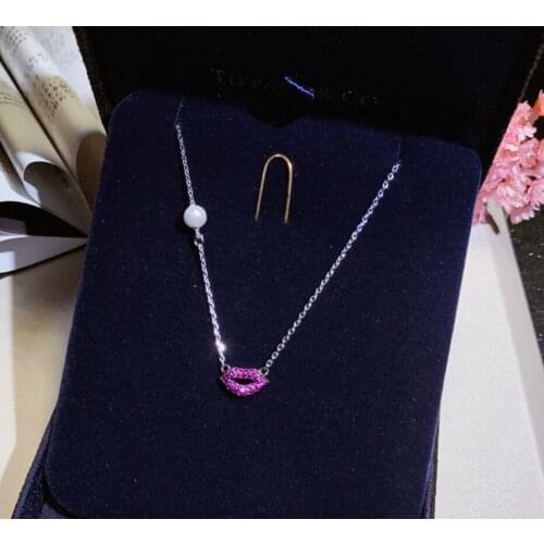 High Quality Real S925 Sterling Silver Kiss More Red CZ Stone Lip Charm Pendant With Natural Shell Pearl Necklaces Jewelry For