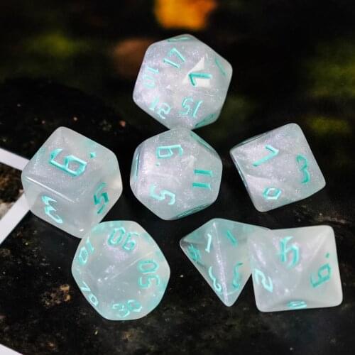 Poludie 7Pcs/Set Cyan Font DND Dice Set D4 D6 D8 D10 D% D12 D20 Translucent Polyhedral Dice for Role Playing Board Game RPG D&D