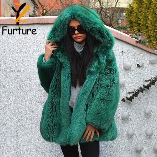 Luxury Real Blue Fox Fur Coat With Furry Hooded Winter Natural Full Pelt Fox Fur Thick Coats Women 70cm Long Green Fur Outerwear