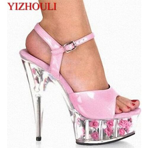 Pink Transparent Fashion Romantic Rose 15cm High-Heeled Shoes Princess Dancing Sandals 6 Inch Exotic Sexy Flowers Crystal Sandal