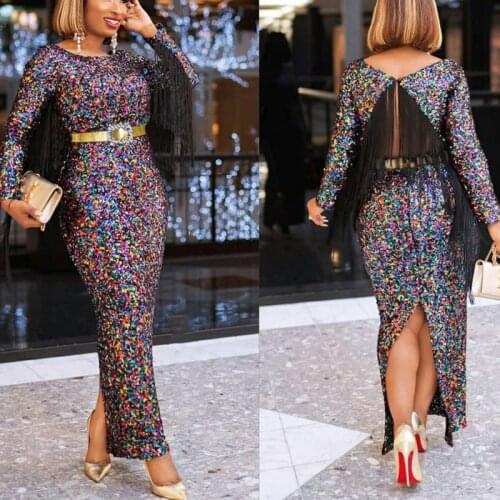 Sequins Tassel Long Sleeve Clothing African Evening Dresses For Women Party Fashion Robe Africaine Maxi Dress Africa Clothes