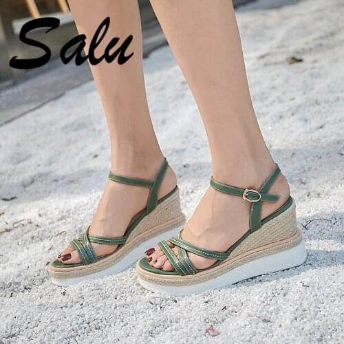 Salu 2020 Women Sandals Summer Wedge Sandals Genuine Leather Wedding Sandals Buckle Shoes Fashion Shoes Woman