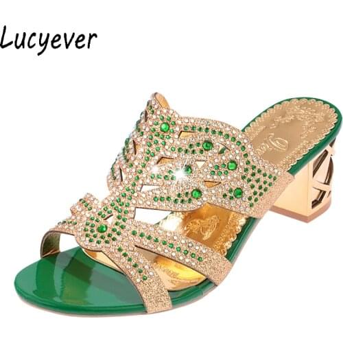 Lucyever 2020 Summer Womens Rhinestones Slippers Slides Fashion Thick High Heels Gladiator Sandals Beach Flip Flops Shoes Woman