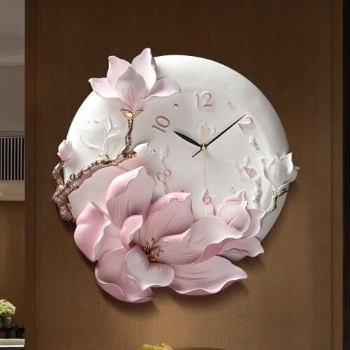 Modern Minimalist Luxury Embossed European Home Peony Wall Clock Ornament Livingroom Silent Clock Mural Craft Wall DecorationArt