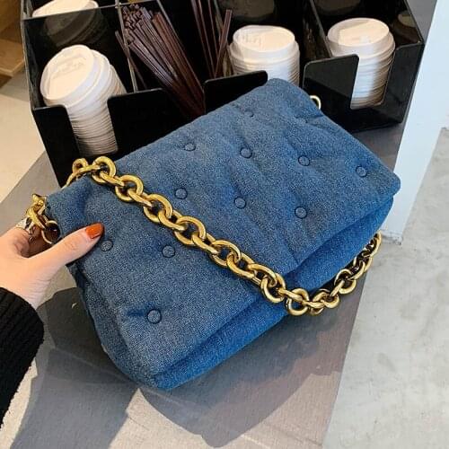 Shoulder Bag Rivets Thick Chain Messenger Bag Women Retro Blue Denim Soft Leather Fashion All-Match Square Underarm Bag
