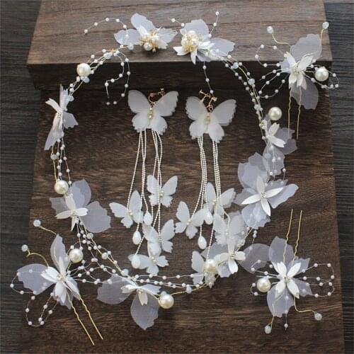 Wedding Bride Headdress Hair Bands Ornament Pearl earring Hair Accessories set