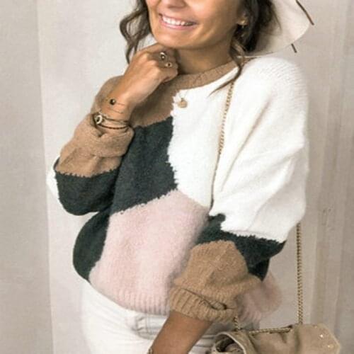 Autumn And Winter Sweater Pullover, Round Neck Loose Contrast Color Stitching Casual Commuter Knitted Sweater Vestidos De Muje