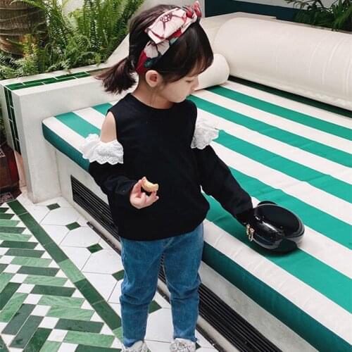 DFXD 2-7Yrs Toddler Girl Sweatshirt Tops Autumn Long Sleeve Lace Off Shoulder Black Hoodies Clothes Kids Girl Casual Sweatshirts