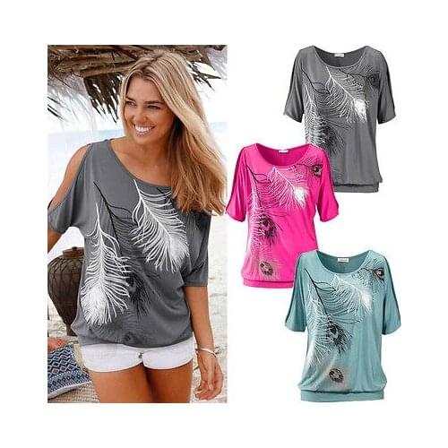 Feather Print Women Blouses Sexy Off Shoulder Blouse O Neck Shirt Ladies Short Sleeve Tops Blusas Plus Size off shoulder blouse