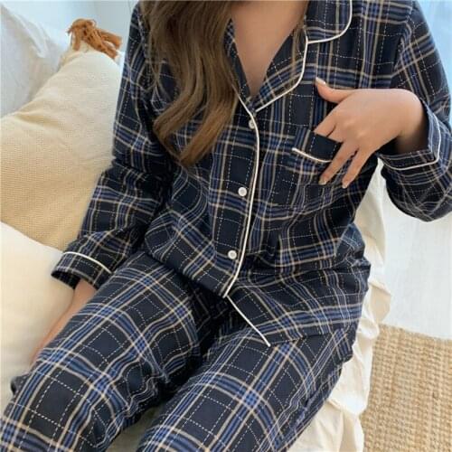 Ladies plaid loungewear long sleeve korean casual loose outwear homewear clothes spring autumn women pajama set trousers Y949