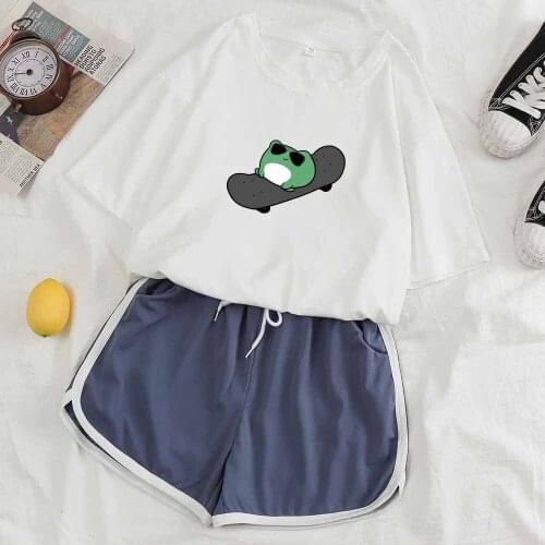 Two Piece Pajama Set Women Kawaii Frog Shirt Sleepwear Women Pajama Sets Animal Print Sleep Tops Casual Shorts Korean Style