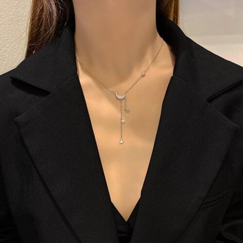 2021 Fashion Micro-inlaid Moon Necklace Star Tassel Clavicle Chain Female Simple Meniscus Pendant Temperament Necklace Jewelry