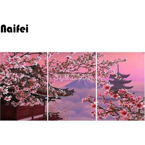Japanese temple cherry blossom 5D diamond painting full square round drill diy embroidery landscape triptych Cross stitch decor