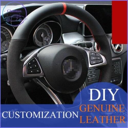 For Benz CLA220 DIY Custom Made Anti Slip Hand Sewing Steering Wheel Cover Black leather Red thread anti-slip design all season