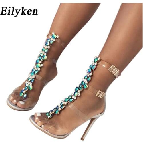 Eilyken 2021 PVC Jelly Blue Crystal Sandals Open Toed High Heels Sexy Buckle Strap Women Sandals Pumps Silver size 35-42