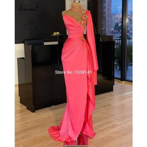 Elegant Muslim Evening Dresses Long High Neck Evening Gowns Appliques Arabic Celebrity Dress Party Haute Couture Robe De Soiree