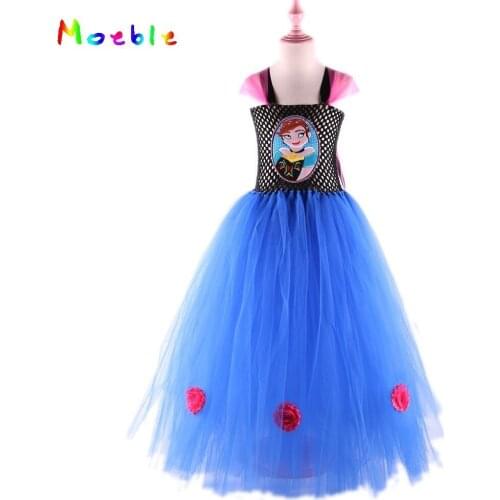 Royal Blue Elegant Girls Party Dresses Evening Long Dress Kids Cosplay Costume Anna Queen Tutu Dress Girl Dance Dress Ball Gown