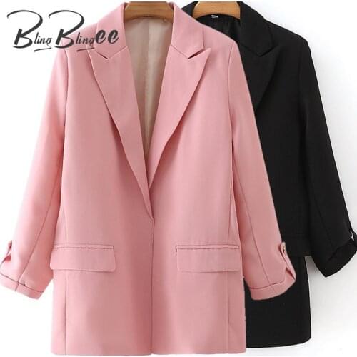 BlingBlingee Elegant Office Lady Suit Jacket Fashion Roll-Up Cuff Wrist Sleeve Open Front Women Casual Blazers Female Summer Top