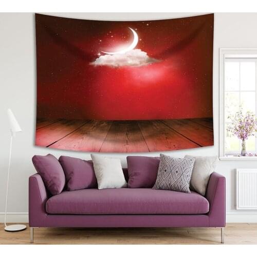 Tapestry Crescent Moon on A Cloud Against Starry Night Sky View From Wooden Deck Lunar Calendar New Month Blue White