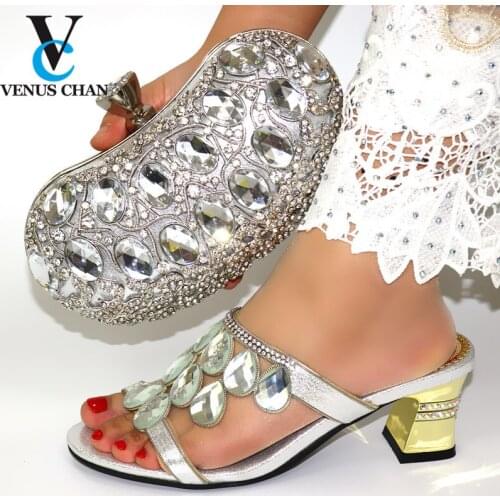 New Fashion Sexy Style Silver Sandals And Bag Set Summer Woman High Heels Peep Toe African Shoes And Bag Set For Evening Party