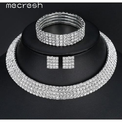 Mecresh Crystal Bridal Jewelry Sets Silver Color Rhinestone Necklace Wedding Engagement Jewelry Sets for Women TL299+SL116