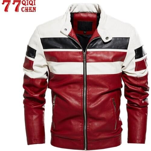 Leather Jacket Men Winter Motorcycle Pu Coats Male Fashion Stand Collar Fleece Colorblock Faux Leather Jackets Zipper Windbreake