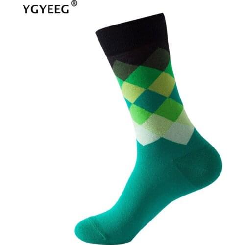YGYEEG Mens Happy Colorful Striped Socks Quality Plaid Diamond Pattern Geometric Harajuku Cotton Gift Comfortable And Breathable