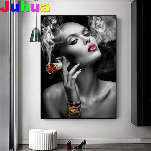 Full Square Diamond Painting Black White Sexy Smoking Woman Mosaic Puzzle Diamond Rhinestone Embroidery Cross Stitch Sexy Girl