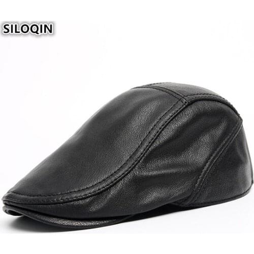 SILOQIN Adjustable Head Size Mens Genuine Leather Hats New Natural Sheepskin Berets Hat Middle-aged Dads Brand Warm Tongue Cap