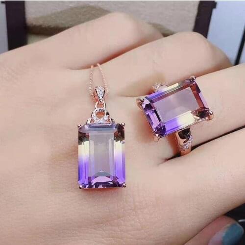 High-quality Amethyst Square Ring Pendant Necklace Set S925 Fine Fashion Weddings Jewelry For Women Free Shipping