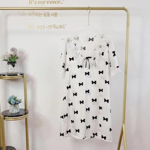 Women Lace Trim Bow Printed Nightgown Home Wear Sexy Nightwear Erotic Lingerie Sleepwear Night Dress Silk Nightie
