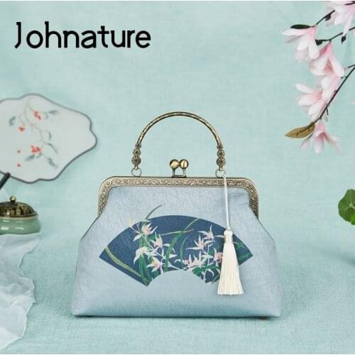 Johnature Retro Women Cheongsam Bag 2021 New Chinese Style Elegant Lady Handbag Versatile Tassel Hasp Shoulder & Crossbody Bags