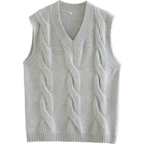 Evfer Women Autumn Casual Za Gray Sleevless Knitted Pullover Vest Female Fashion V-Neck Loose Sweters Girls Chic Long Kniwear