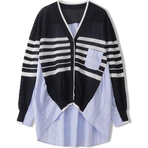 Spring Autumn Vintage Women Striped Knitted Sweater V Neck Long Sleeve Thin Tide Patchwork Irregular Cardigans Shirt Lady Jumper