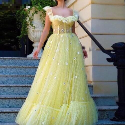 2019 Yellow Mesh Elegant Long Vestidos Women Fashion Applique Ruffles Summer Sexy Spaghetti Strap Evening Party Maxi Dress