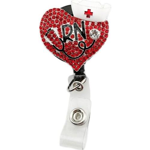 10pcs/lot Rhinestone Heart Stethoscope Enamel Nurse Cap Retractable ID Badge Holder Pull Bage Reel