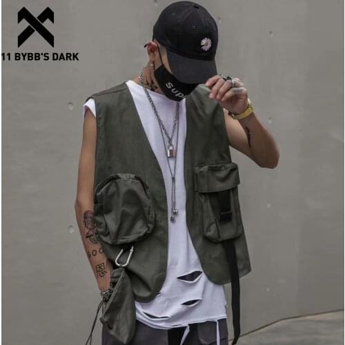11 BYBBS DARK Hip Hop 2020 Big Pockets Cargo Vests Men Tactical Overalls Fashion Streetwear Sleeveless Vintage Techwear Coats