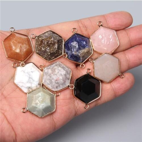 Faceted Natural Stone Hexagon Connector Pendant Charm DIY for Necklace Earring Bracelet Accessories or Jewelry Making 23x32MM