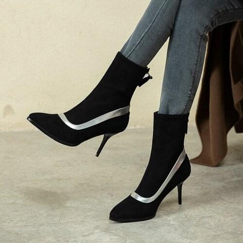 Black Beige Ladies Fashion New Winter Knight Boots Ladies Sequins Color Matching Sexy Stiletto Boots Flock Zipper Womens Sho