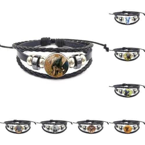 EJ Glaze Baby Elephant For Unisex Party Gift Cheap Fashion Jewelry Black Leather Bracelet Bangle Glass Cabochon